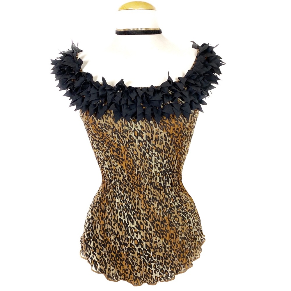 Vintage 80s S Black Faux Feather Neck Trim Crinkle Animal Print Sleeveless.Top